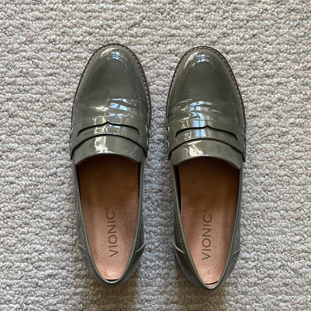Olive green leather loafers